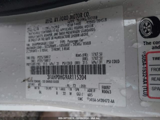 Photo 8 VIN: 3FAHP0HG9AR115204 - FORD FUSION 