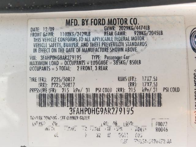 Photo 9 VIN: 3FAHP0HG9AR279195 - FORD FUSION SE 