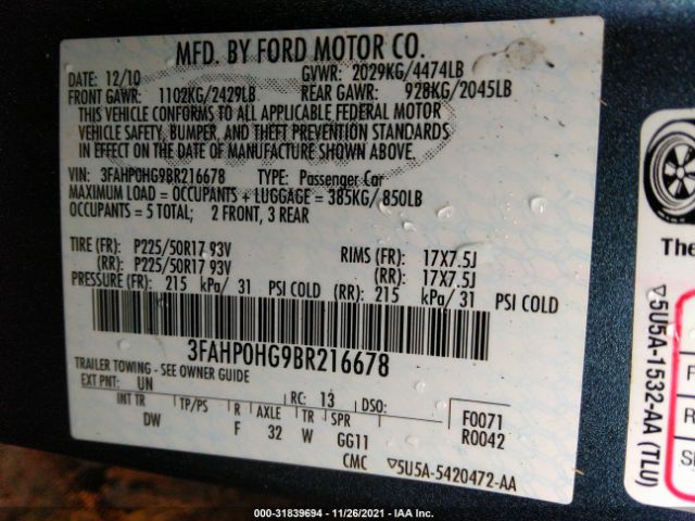 Photo 8 VIN: 3FAHP0HG9BR216678 - FORD FUSION 