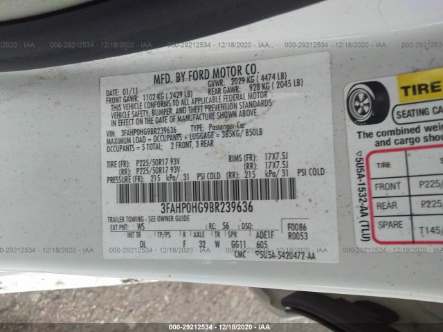 Photo 8 VIN: 3FAHP0HG9BR239636 - FORD FUSION 