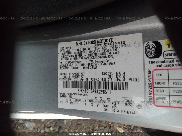 Photo 8 VIN: 3FAHP0HG9BR298511 - FORD FUSION 