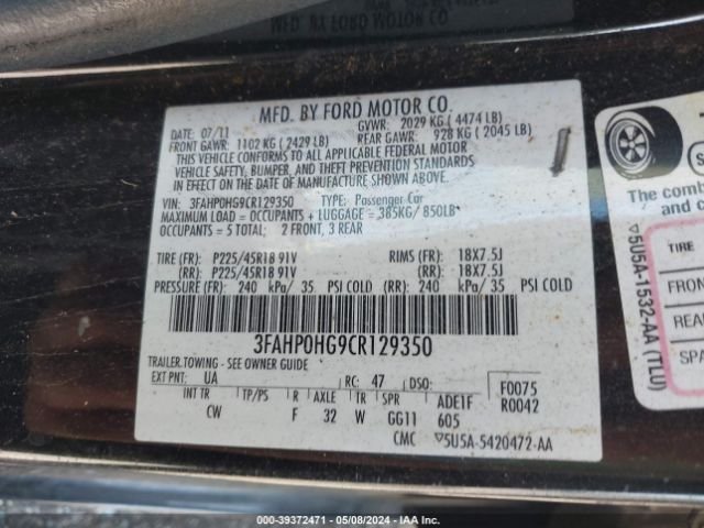 Photo 8 VIN: 3FAHP0HG9CR129350 - FORD FUSION 