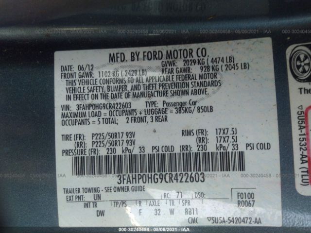 Photo 8 VIN: 3FAHP0HG9CR422603 - FORD FUSION 