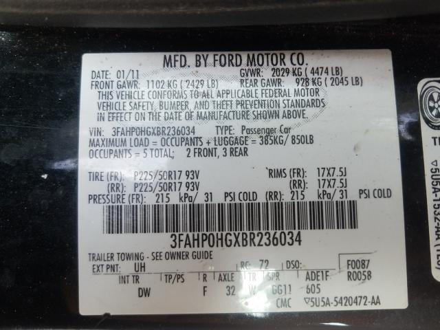 Photo 9 VIN: 3FAHP0HGXBR236034 - FORD FUSION SE 