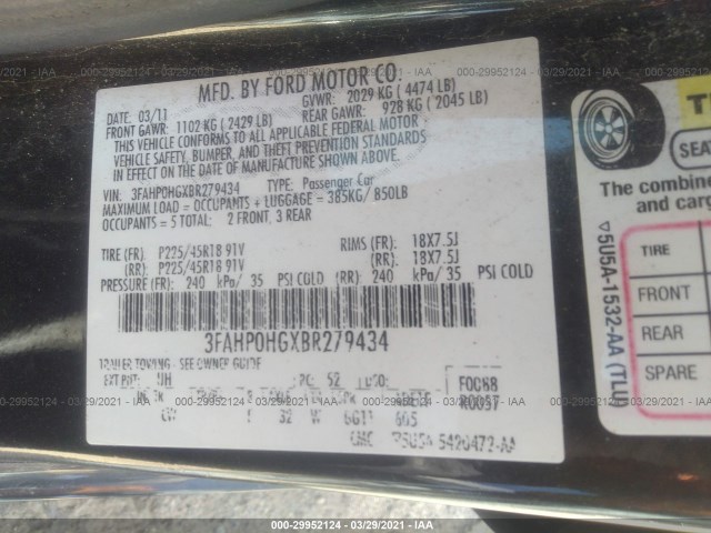 Photo 8 VIN: 3FAHP0HGXBR279434 - FORD FUSION 