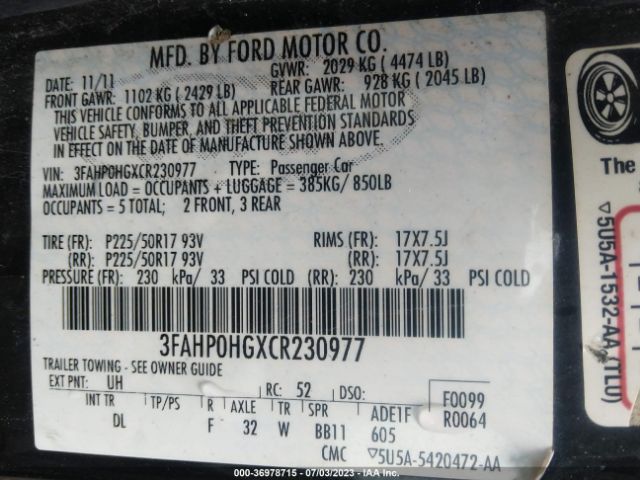 Photo 8 VIN: 3FAHP0HGXCR230977 - FORD FUSION 