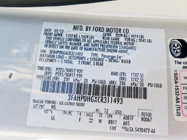 Photo 9 VIN: 3FAHP0HGXCR311493 - FORD FUSION SE 