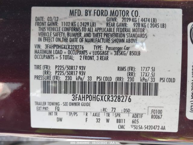 Photo 8 VIN: 3FAHP0HGXCR328276 - FORD FUSION 