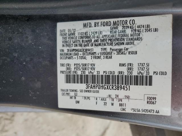 Photo 12 VIN: 3FAHP0HGXCR389451 - FORD FUSION SE 