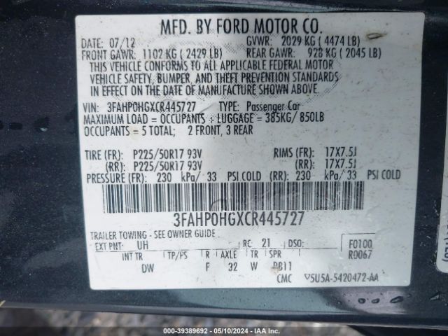 Photo 8 VIN: 3FAHP0HGXCR445727 - FORD FUSION 