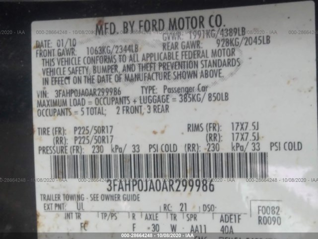 Photo 8 VIN: 3FAHP0JA0AR299986 - FORD FUSION 