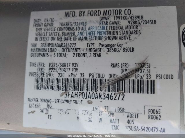 Photo 8 VIN: 3FAHP0JA0AR346272 - FORD FUSION 