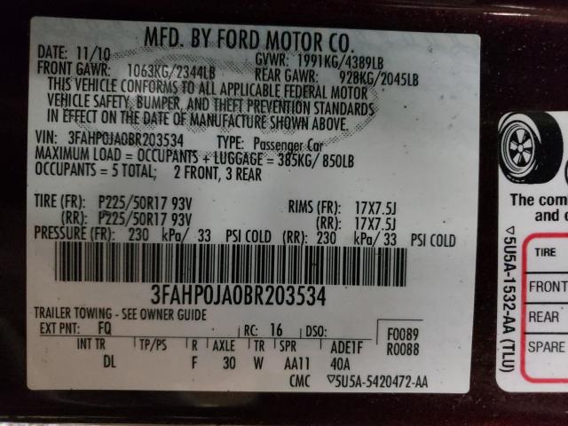 Photo 9 VIN: 3FAHP0JA0BR203534 - FORD FUSION SEL 