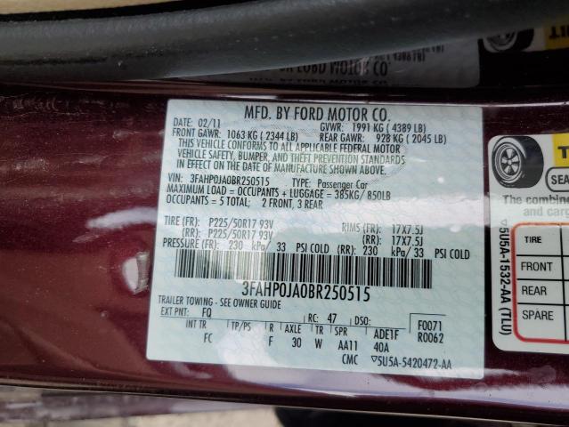 Photo 11 VIN: 3FAHP0JA0BR250515 - FORD FUSION 