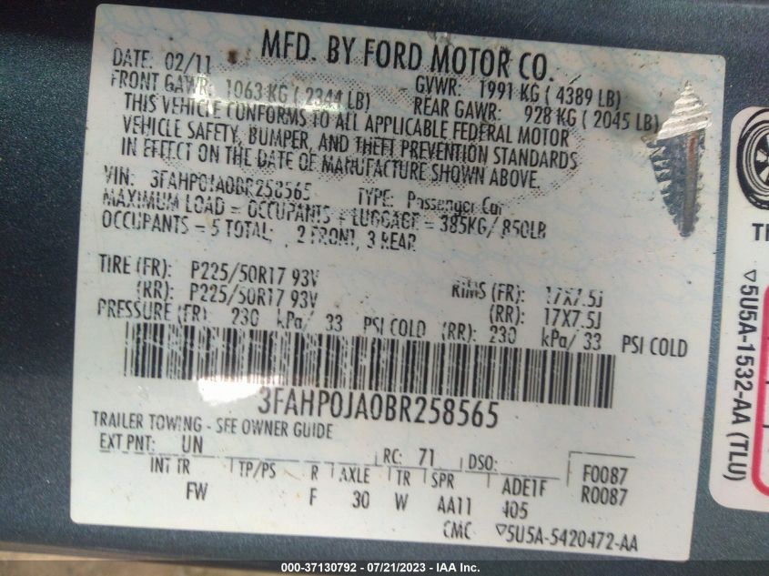 Photo 8 VIN: 3FAHP0JA0BR258565 - FORD FUSION 