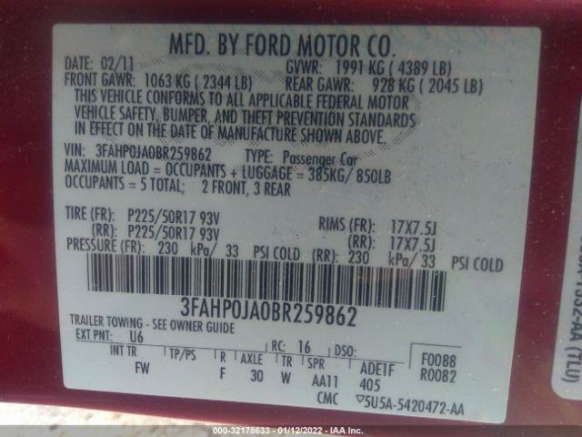 Photo 8 VIN: 3FAHP0JA0BR259862 - FORD FUSION 