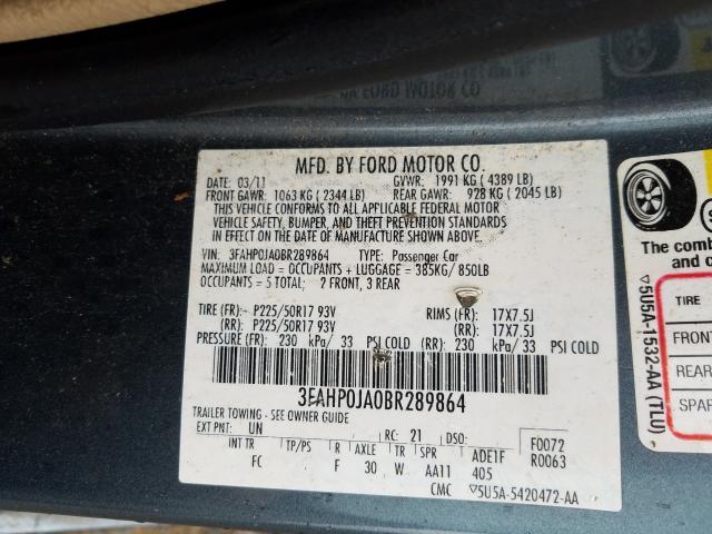 Photo 9 VIN: 3FAHP0JA0BR289864 - FORD FUSION SEL 