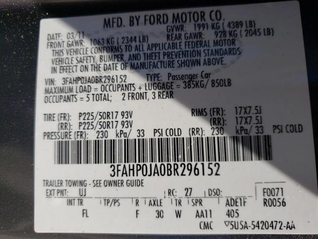 Photo 9 VIN: 3FAHP0JA0BR296152 - FORD FUSION SEL 