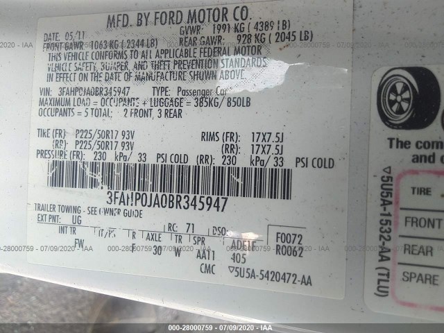 Photo 8 VIN: 3FAHP0JA0BR345947 - FORD FUSION 