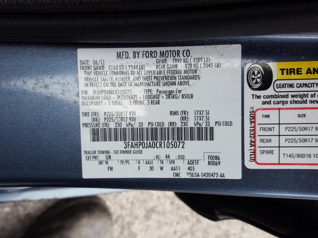 Photo 9 VIN: 3FAHP0JA0CR105072 - FORD FUSION SEL 