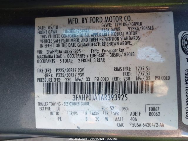 Photo 8 VIN: 3FAHP0JA1AR393925 - FORD FUSION 