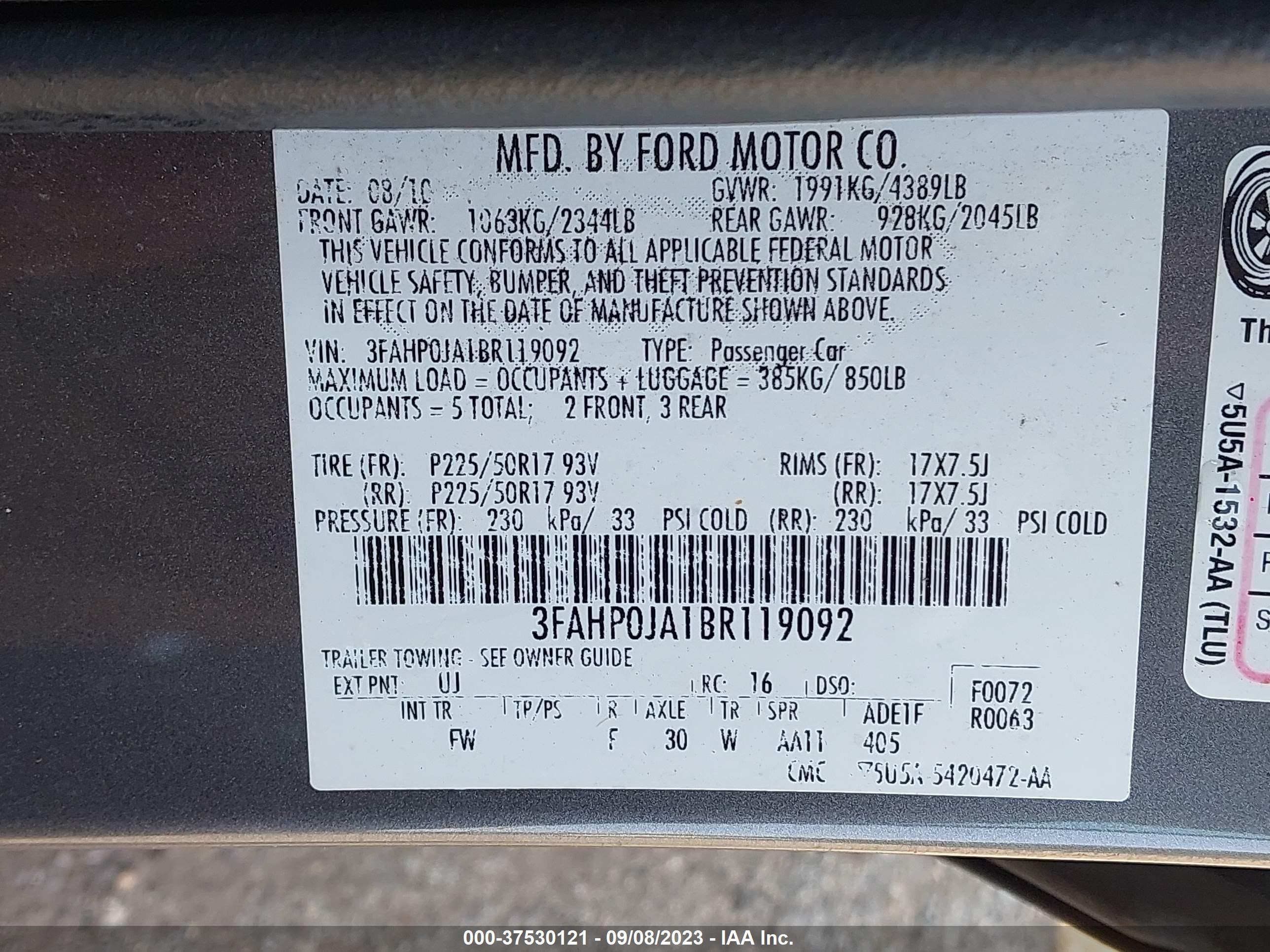 Photo 8 VIN: 3FAHP0JA1BR119092 - FORD FUSION 