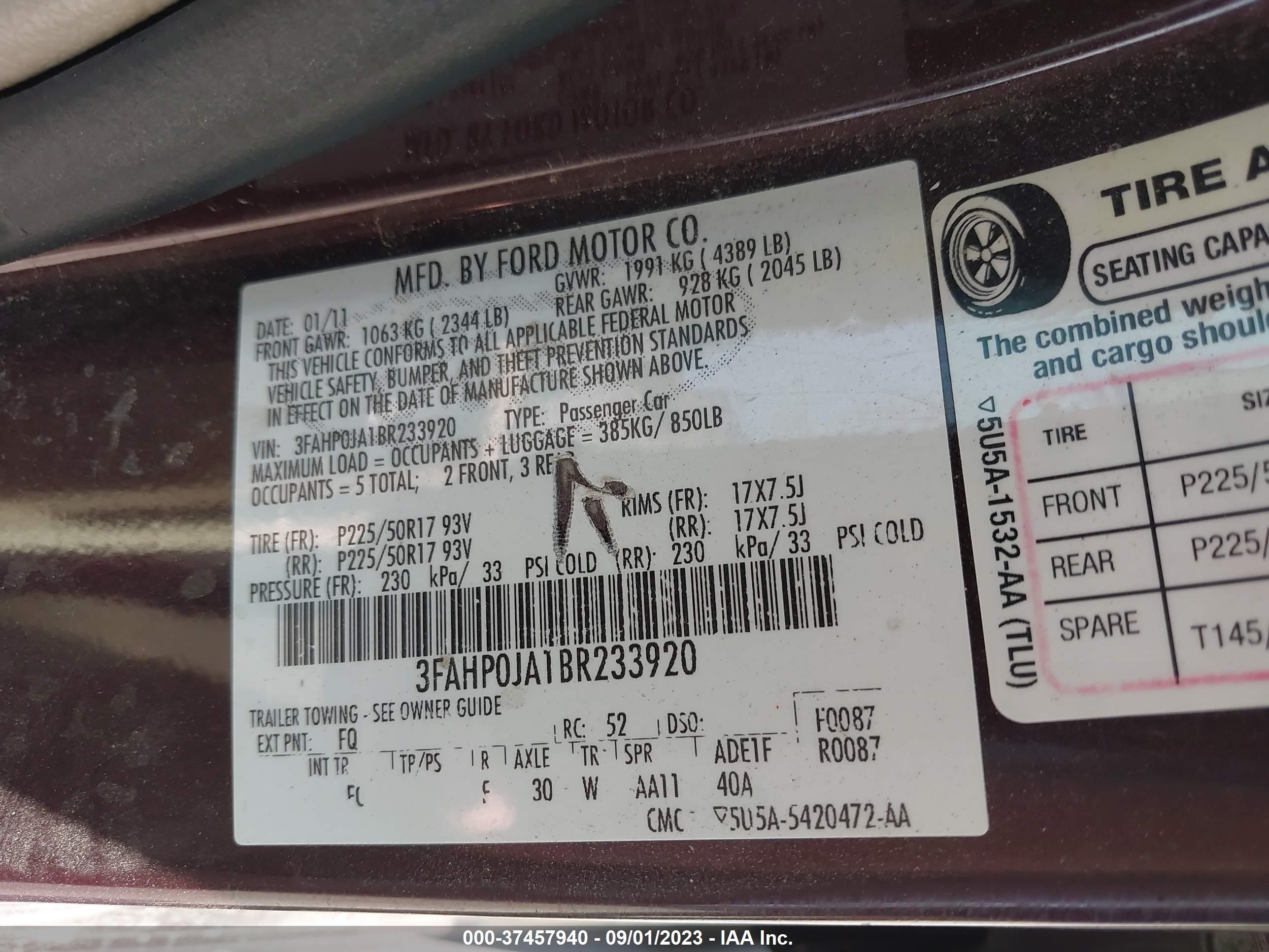 Photo 8 VIN: 3FAHP0JA1BR233920 - FORD FUSION 