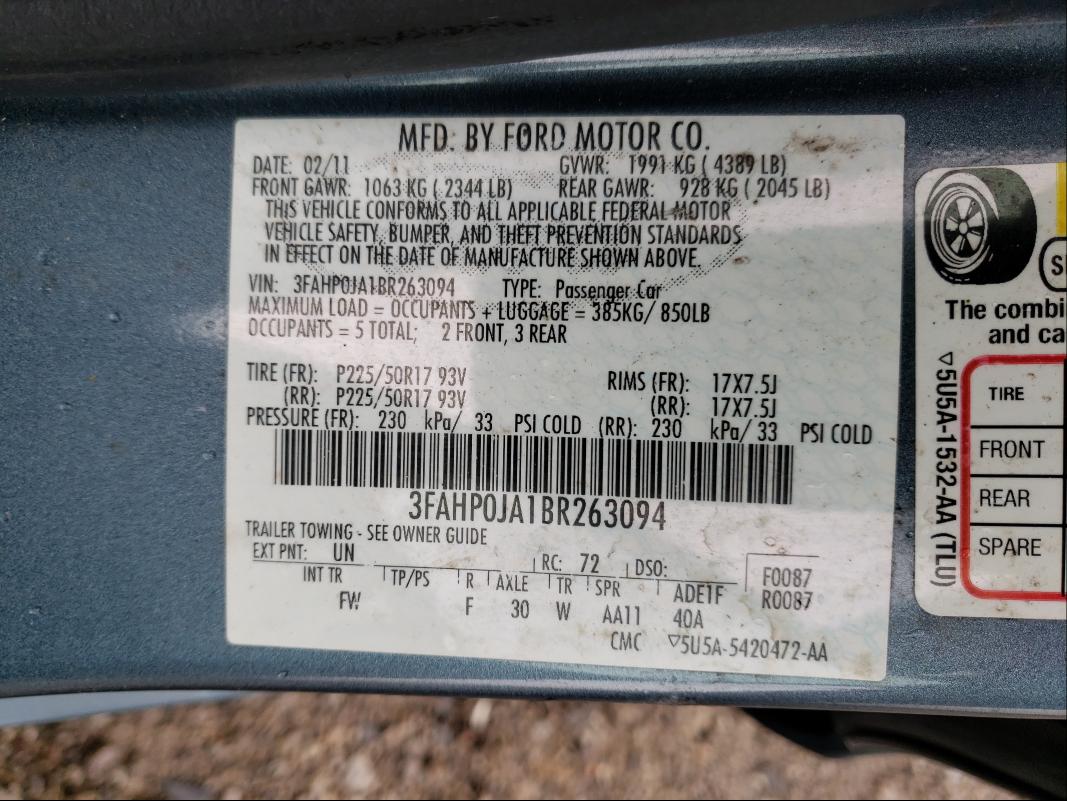 Photo 9 VIN: 3FAHP0JA1BR263094 - FORD FUSION SEL 