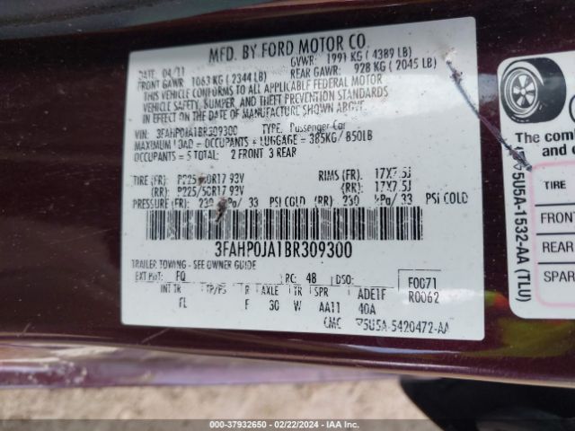 Photo 8 VIN: 3FAHP0JA1BR309300 - FORD FUSION 