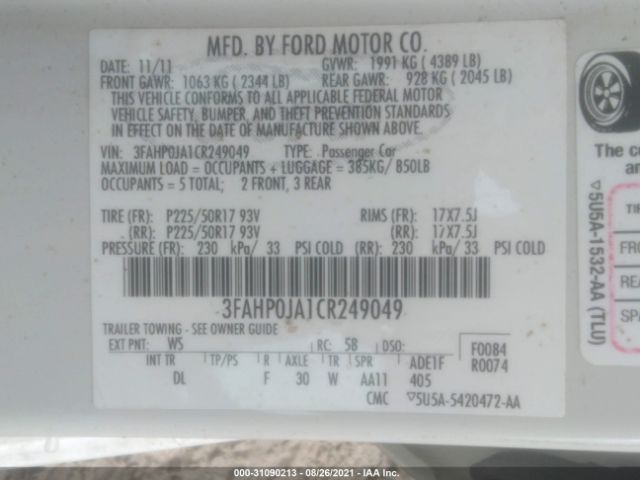 Photo 8 VIN: 3FAHP0JA1CR249049 - FORD FUSION 