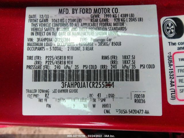 Photo 8 VIN: 3FAHP0JA1CR255384 - FORD FUSION 