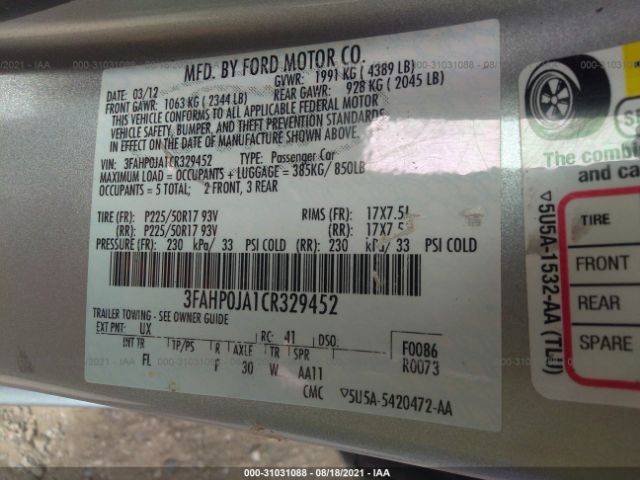 Photo 8 VIN: 3FAHP0JA1CR329452 - FORD FUSION 