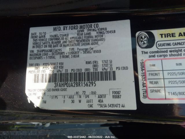 Photo 8 VIN: 3FAHP0JA2BR156295 - FORD FUSION 