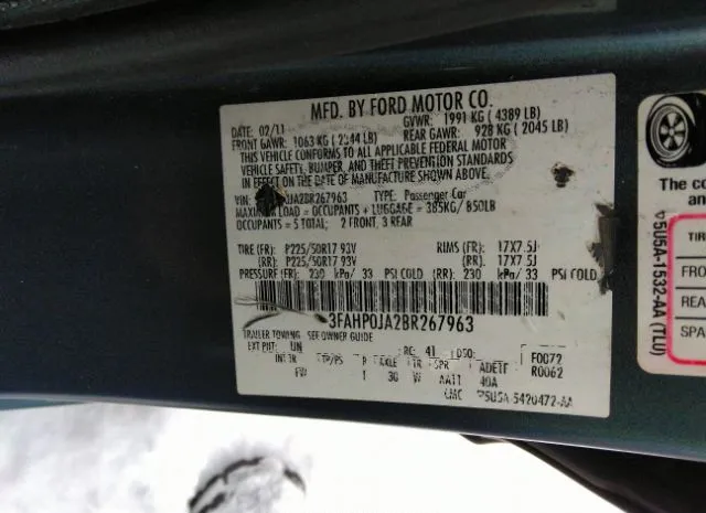 Photo 8 VIN: 3FAHP0JA2BR267963 - FORD FUSION 