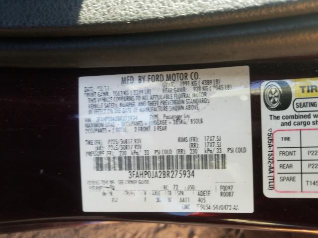 Photo 9 VIN: 3FAHP0JA2BR275934 - FORD FUSION SEL 