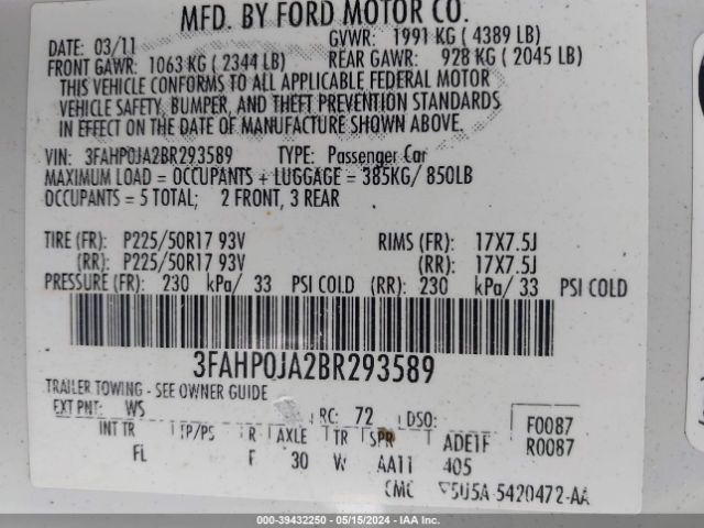 Photo 8 VIN: 3FAHP0JA2BR293589 - FORD FUSION 