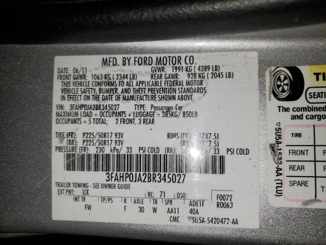 Photo 11 VIN: 3FAHP0JA2BR345027 - FORD FUSION SEL 