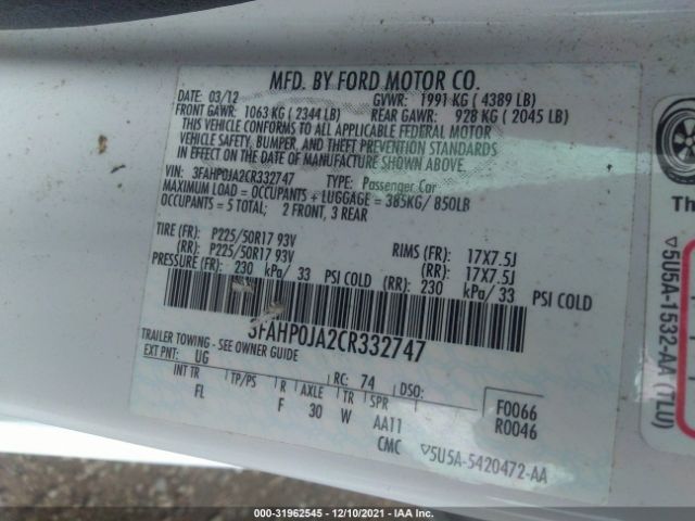 Photo 8 VIN: 3FAHP0JA2CR332747 - FORD FUSION SEL 