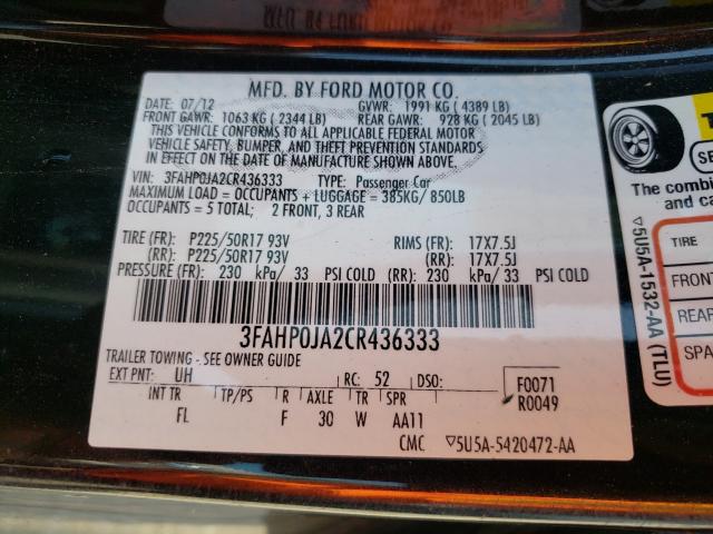 Photo 9 VIN: 3FAHP0JA2CR436333 - FORD FUSION SEL 