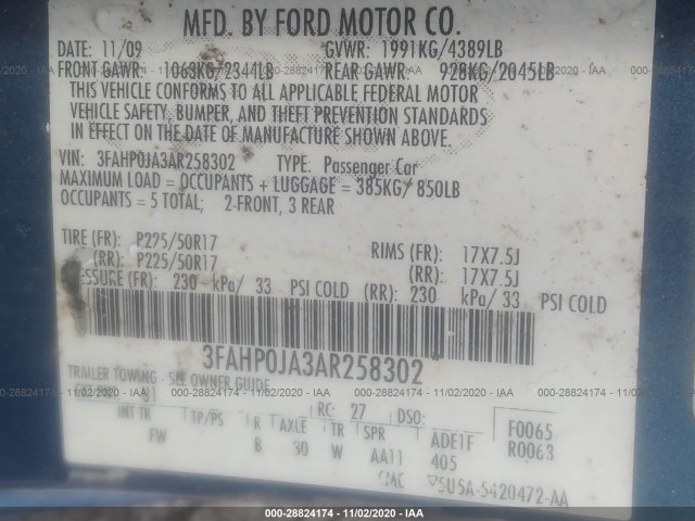 Photo 8 VIN: 3FAHP0JA3AR258302 - FORD FUSION 