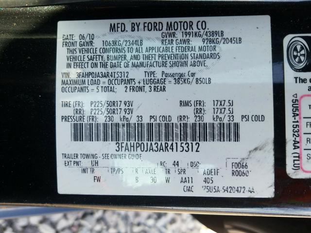 Photo 9 VIN: 3FAHP0JA3AR415312 - FORD FUSION SEL 