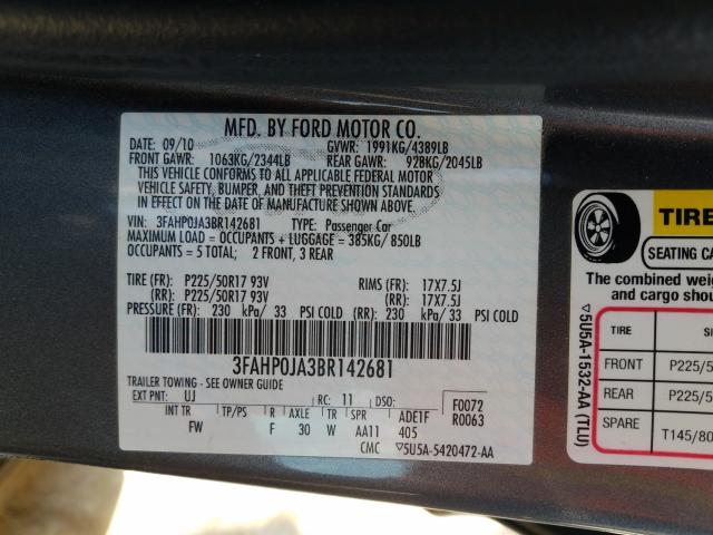 Photo 9 VIN: 3FAHP0JA3BR142681 - FORD FUSION SEL 