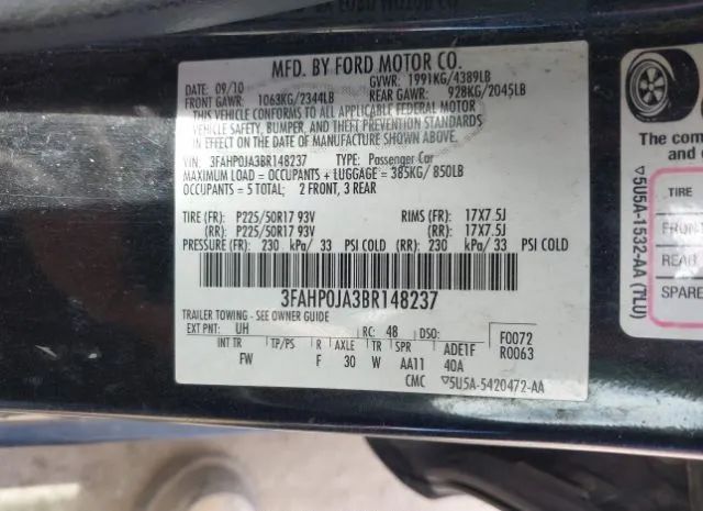 Photo 8 VIN: 3FAHP0JA3BR148237 - FORD FUSION 