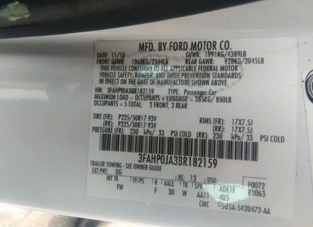 Photo 8 VIN: 3FAHP0JA3BR182159 - FORD FUSION 