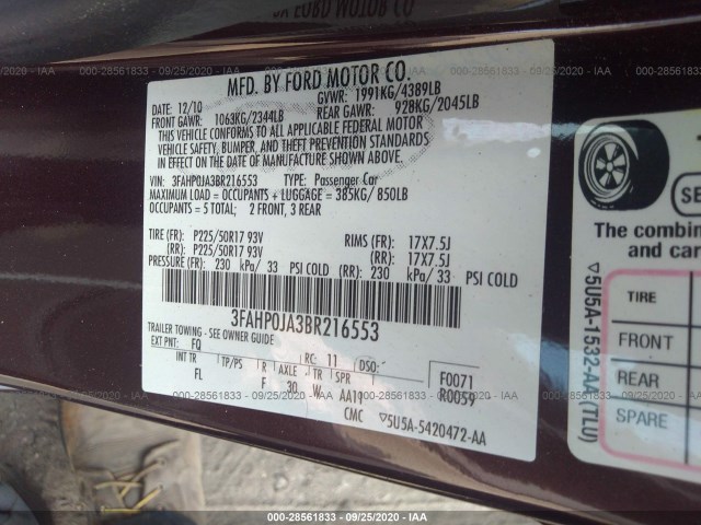 Photo 8 VIN: 3FAHP0JA3BR216553 - FORD FUSION 