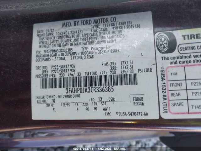 Photo 8 VIN: 3FAHP0JA3CR336385 - FORD FUSION 