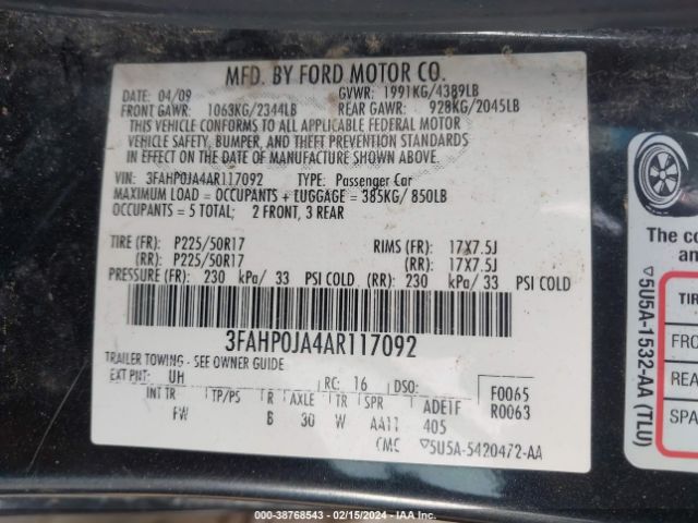 Photo 8 VIN: 3FAHP0JA4AR117092 - FORD FUSION 