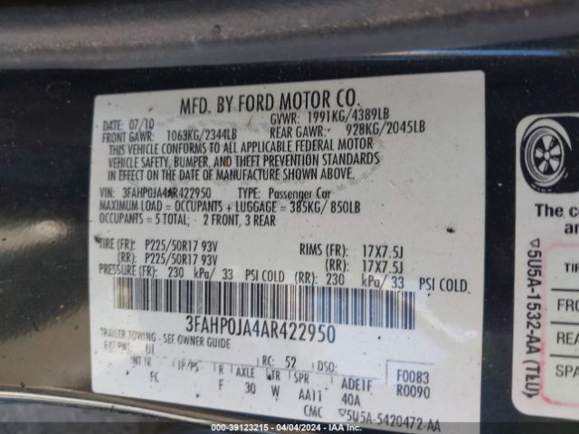 Photo 8 VIN: 3FAHP0JA4AR422950 - FORD FUSION 