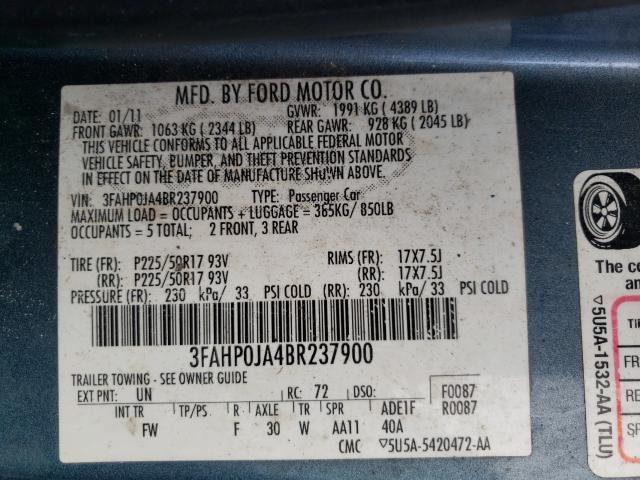 Photo 9 VIN: 3FAHP0JA4BR237900 - FORD FUSION 