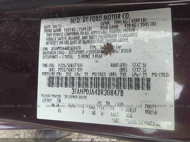 Photo 8 VIN: 3FAHP0JA4BR308478 - FORD FUSION 